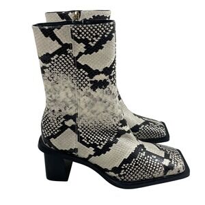 NWT ZARA Women's Snake Print Ankle Boots 37 Square Toe Block Heel Zipper Closure
